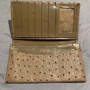 Vintage ostrich wallet Belle Rose tan with brown spots, classic. Excellent cond.